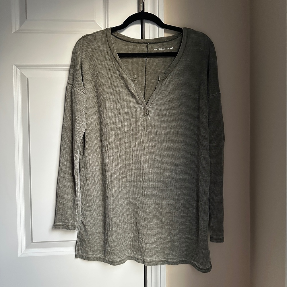 American Eagle Thin Knit Waffle Long Sleeve Top Green Size M